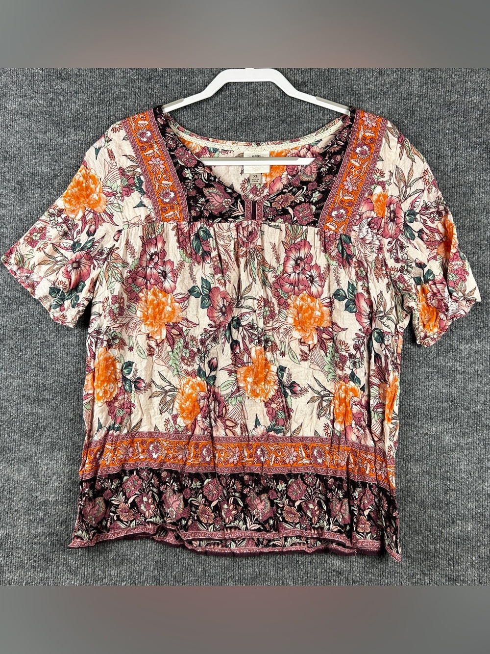 Knox Rose Cream Floral Border Print Peasant Blouse Top Size XL Rayon Boho Short